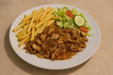 Assiette kebab : viande de la broche, frites et galette